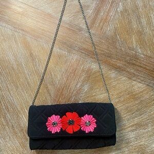 Vera Bradley beaded Floral Embroidered Black Quilted Shoulder Bag/Clutch